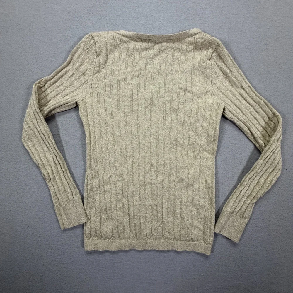 White House Black Market Womens Sweater Slim Gold Metallic Ribbed V-Neck M